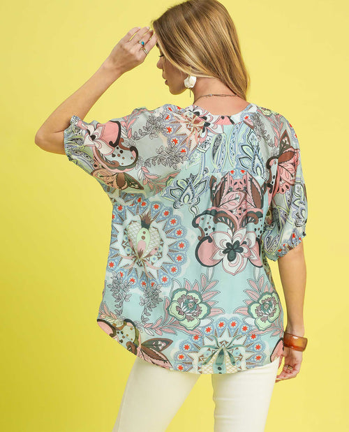 Umgee Floral Print Button Top