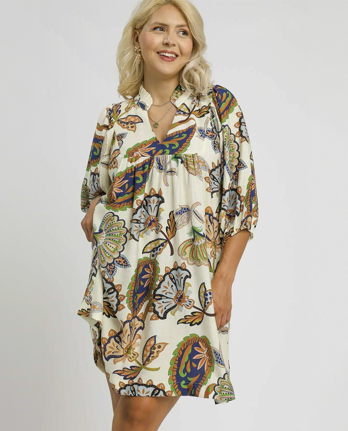 Plus Abstract Print Puff Sleeve Babydoll Dress