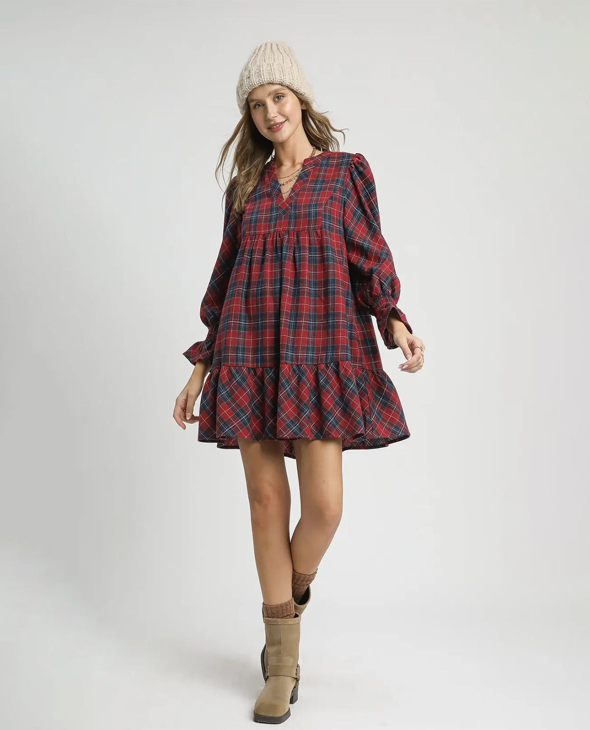 Mix Plaid Tiered Dress Long Sleeves with Smocked Cuffs