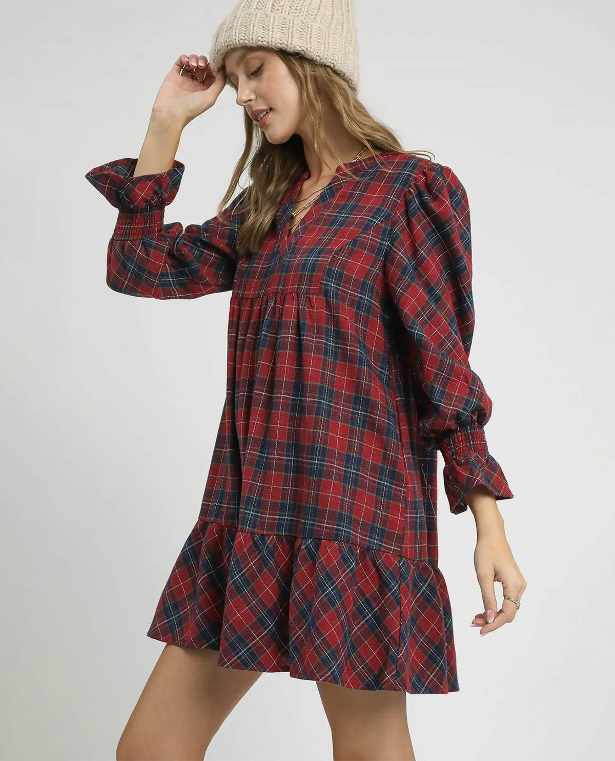Mix Plaid Tiered Dress Long Sleeves with Smocked Cuffs
