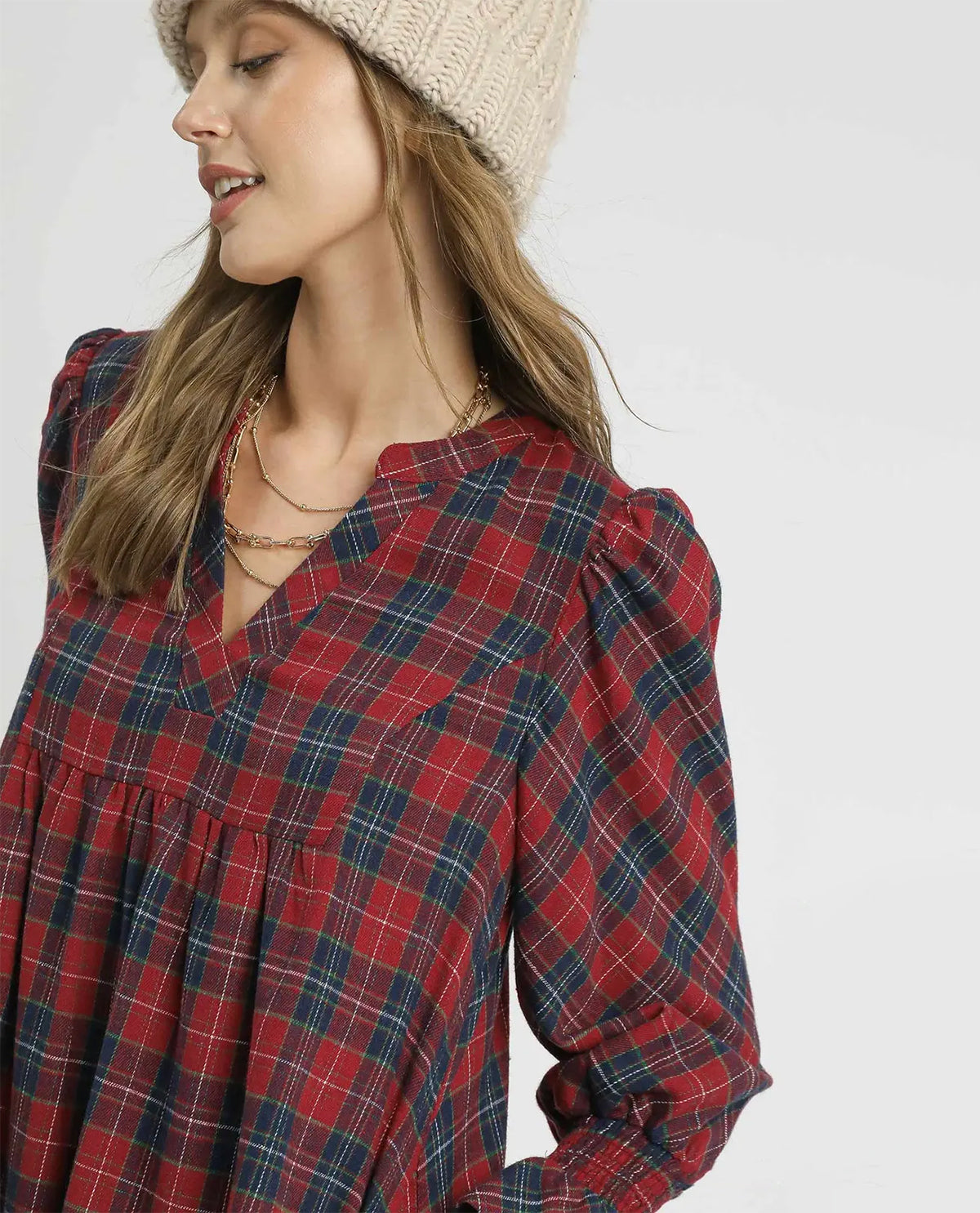Mix Plaid Tiered Dress Long Sleeves with Smocked Cuffs