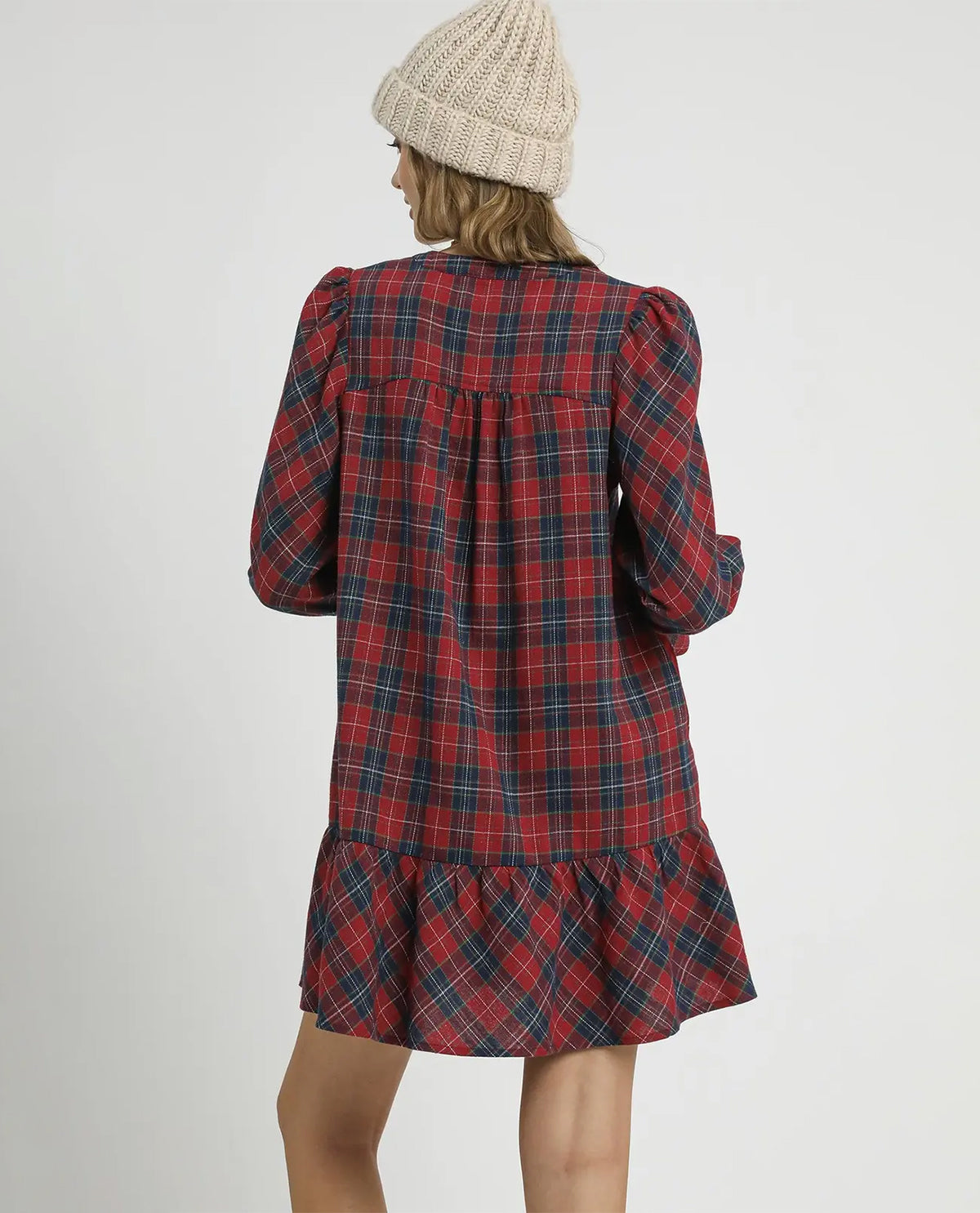 Mix Plaid Tiered Dress Long Sleeves with Smocked Cuffs