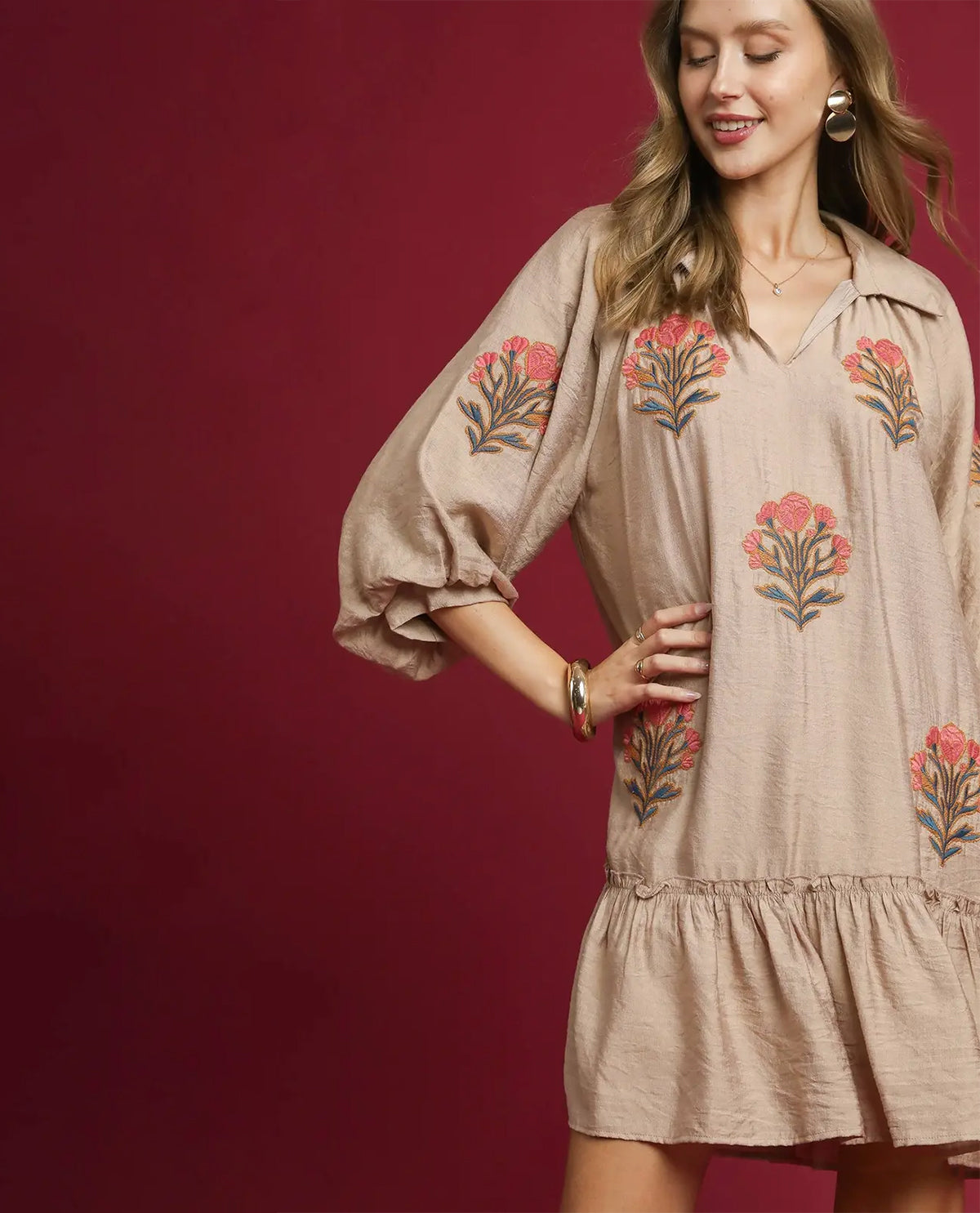 Embroidered Floral Boho Ruffle Hem Dress