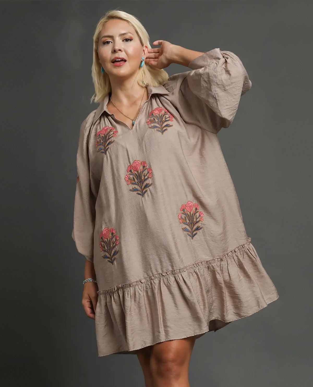 Plus Embroidered Floral Dress with Ruffled Tiered Hem
