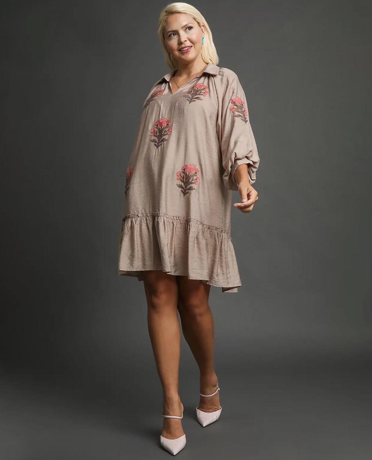 Plus Embroidered Floral Dress with Ruffled Tiered Hem