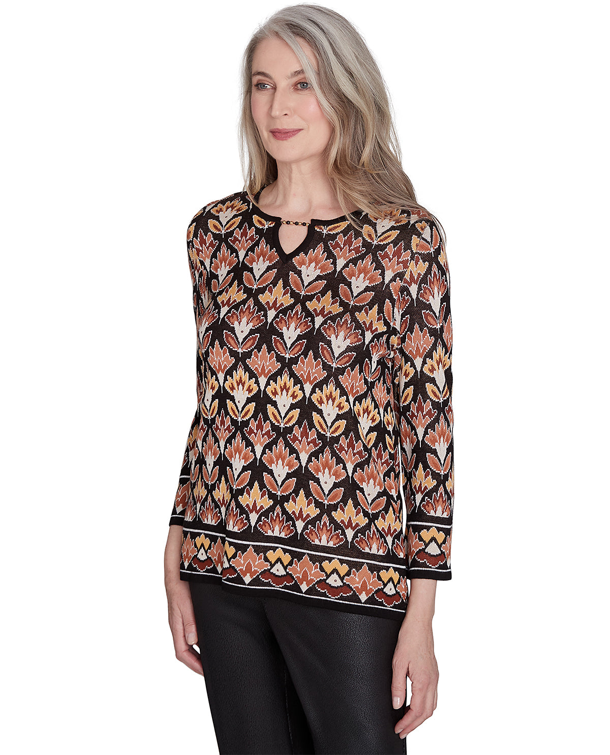 Alfred Dunner Missy Rue Rivoli Beaded Split Neck Sweater