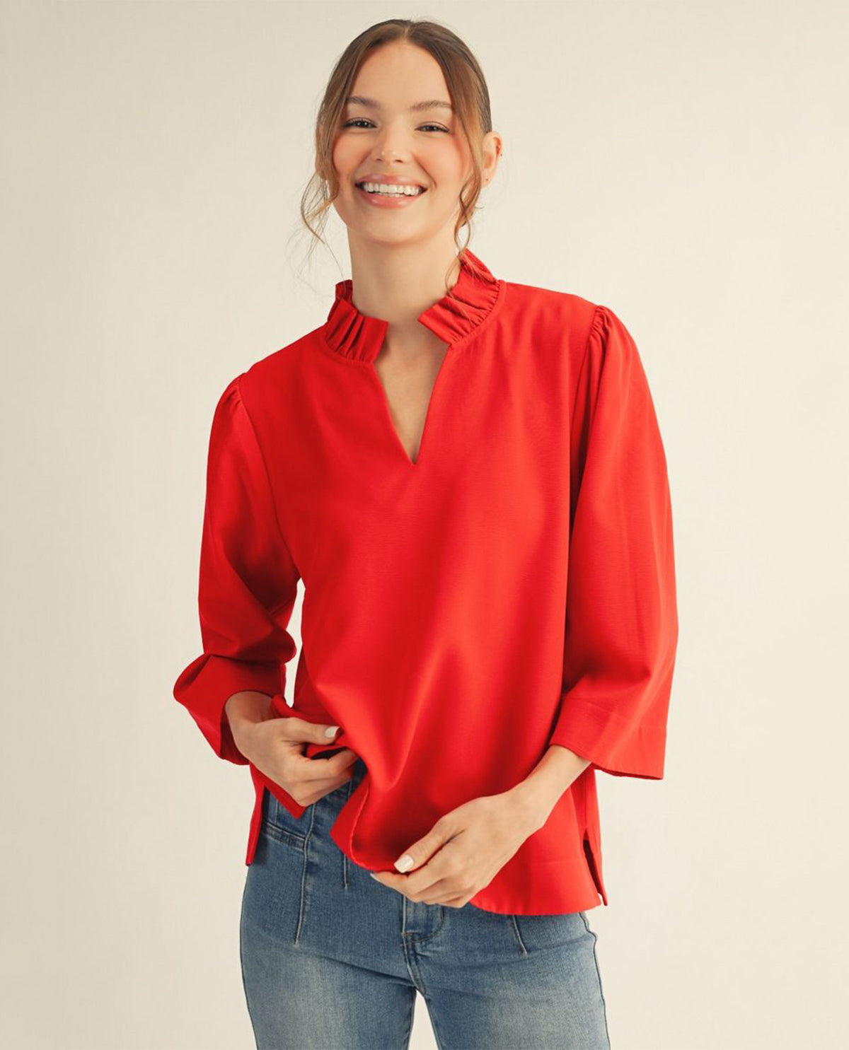 Jodifl Crinkle Solid Top With Ruffle Neckline Red – Hamrick's Shop