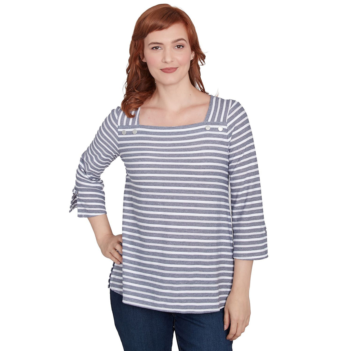 Ruby Road Resort Ready 3/4 Square Neck Stripe Top
