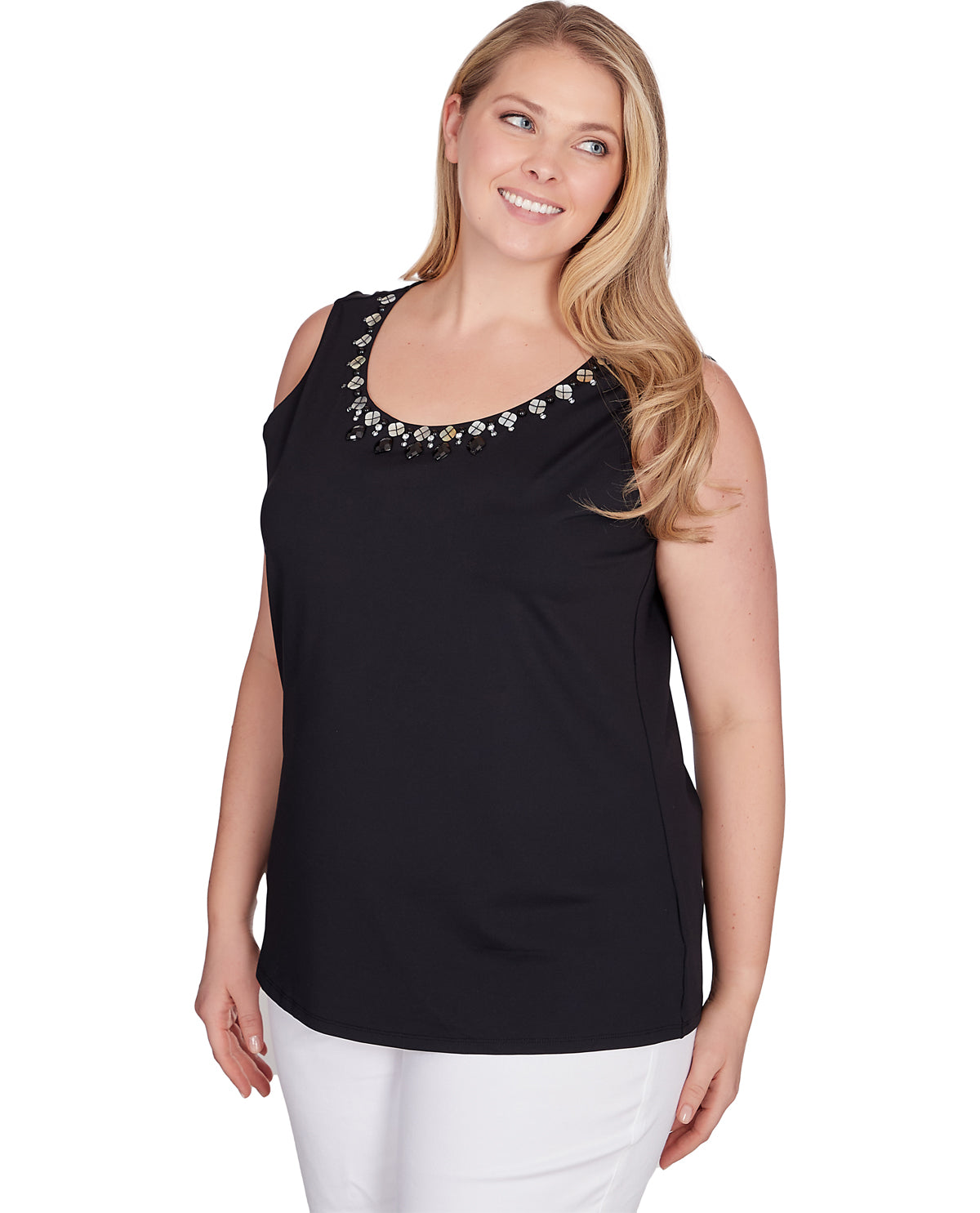 Ruby Road Women's Pattern Play Embroidered Solid Black Sleeveless Knit Top