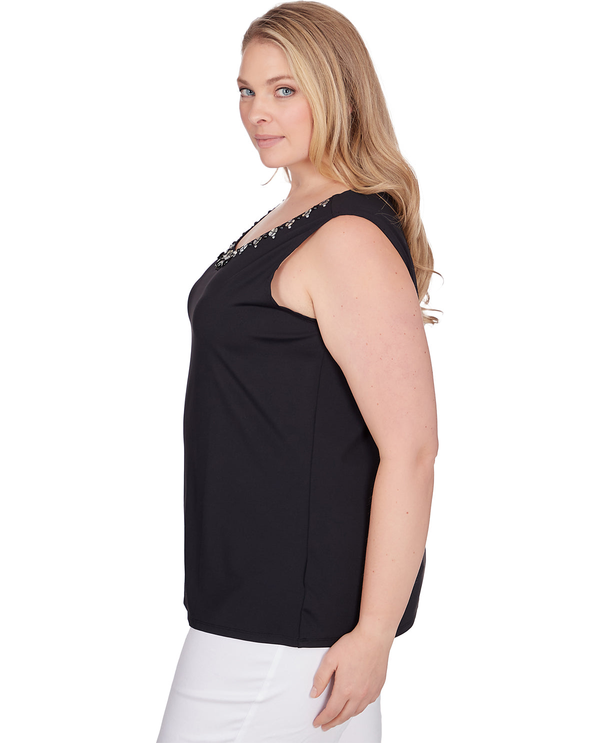 Ruby Road Women's Pattern Play Embroidered Solid Black Sleeveless Knit Top