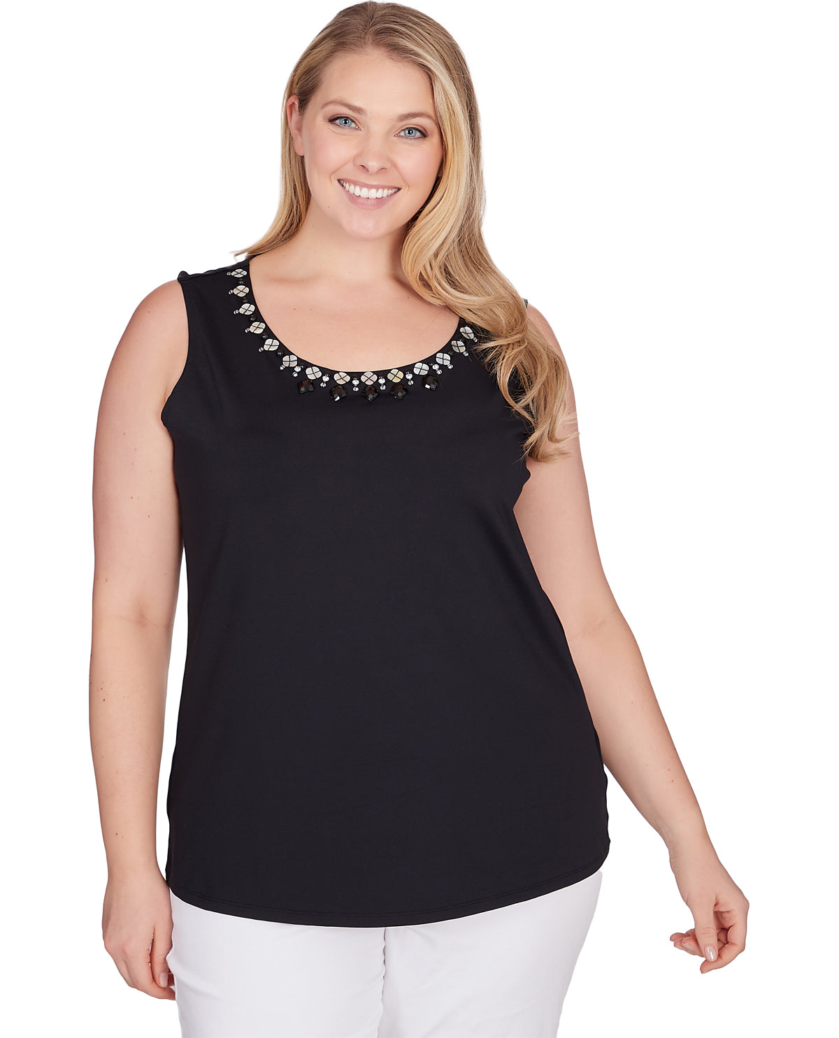 Ruby Road Women's Pattern Play Embroidered Solid Black Sleeveless Knit Top
