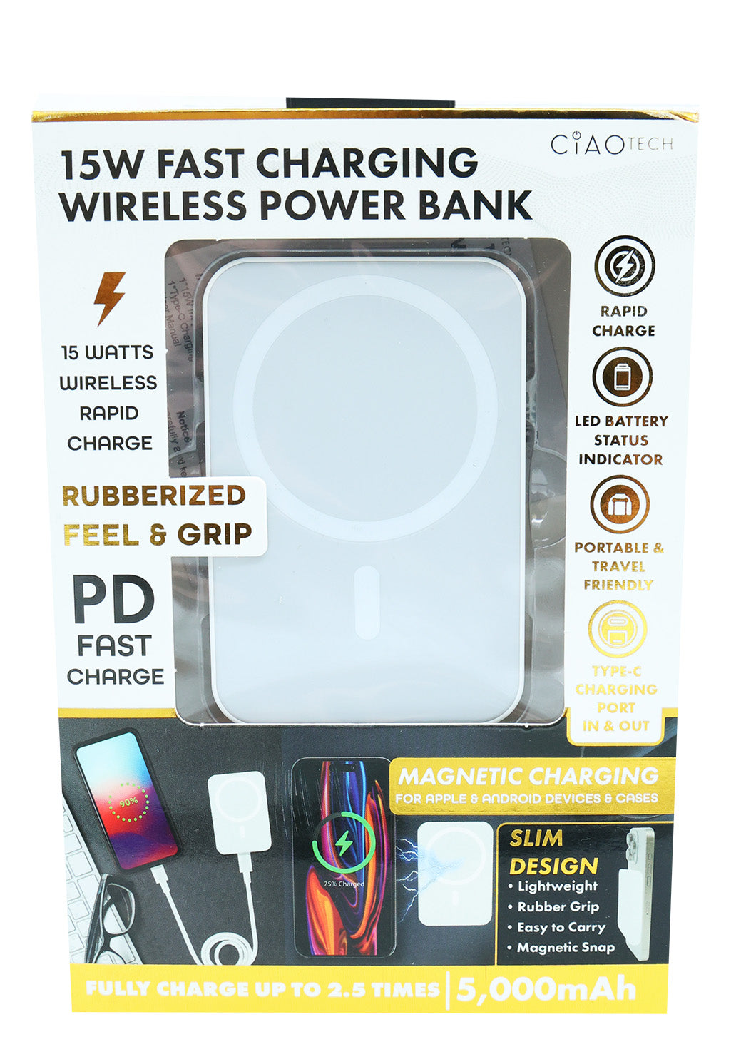 Ciao Tech White Magnetic Power Bank with Kickstand