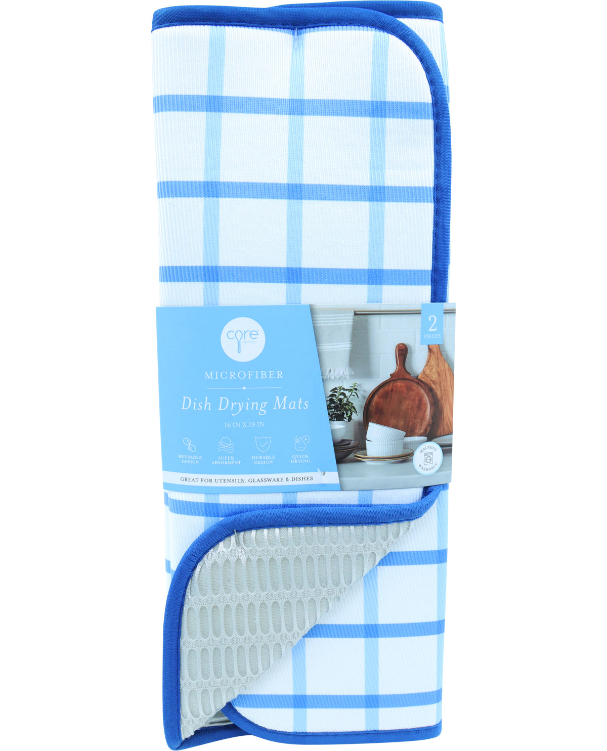 Blue Plaid Microfiber Kitchen Dish Drying Mat Set