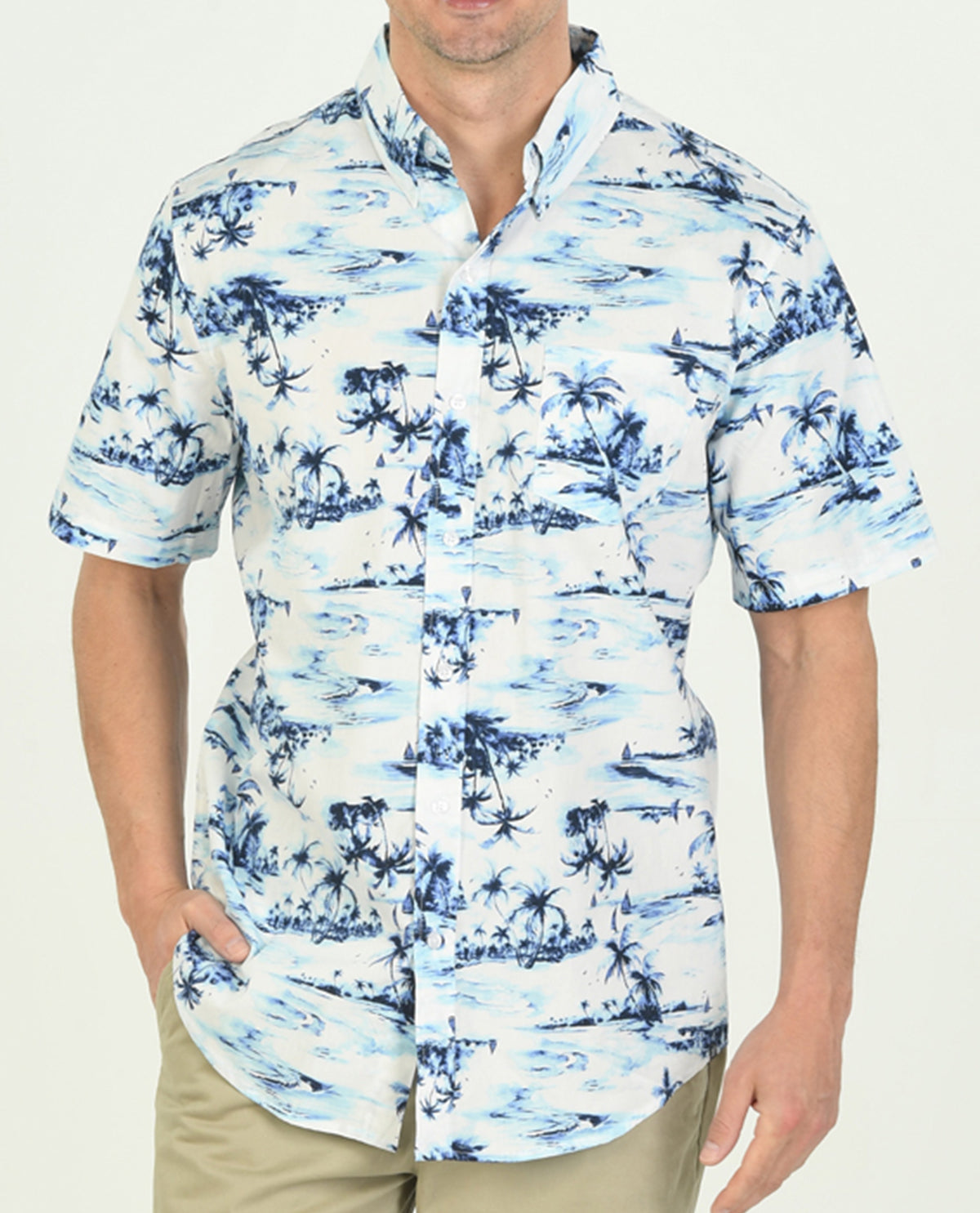Chaps Men's Short Sleeve Printed Cotton Poplin Button Up Shirt