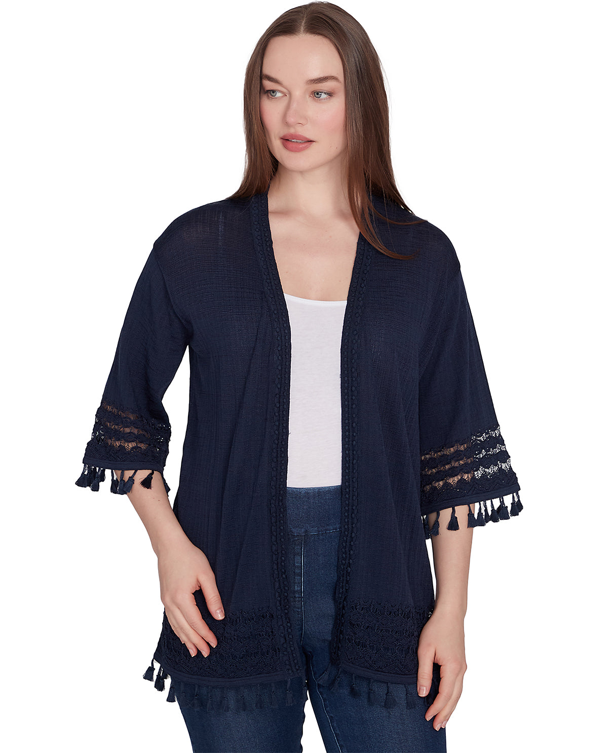 Angie Women's Open Front Fringe Cardigan – Aztec Print Knit Sweater For Cozy Layering