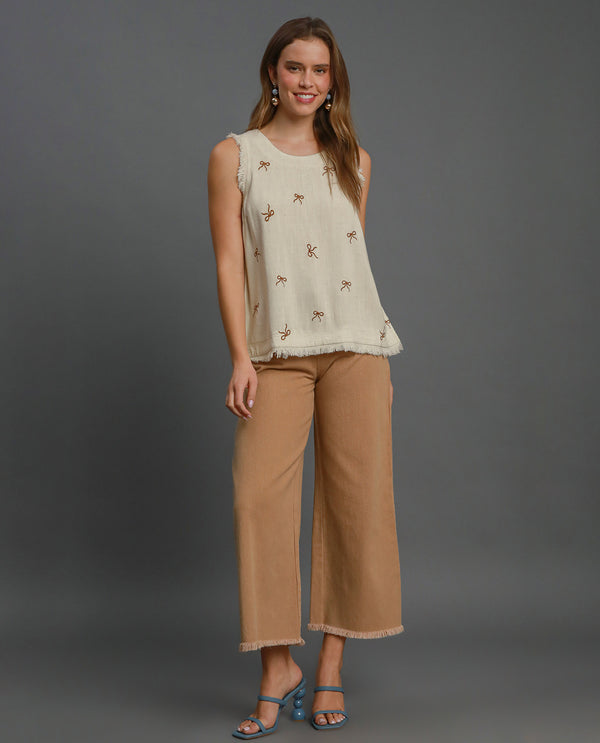 Sleeveless Bow Ribbon Embroidered Linen Top