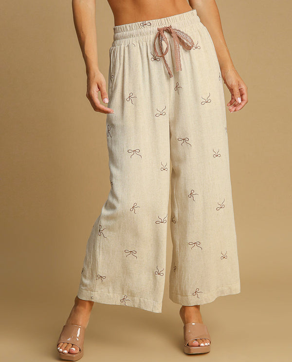 Linen Pant with Bow Embroidery