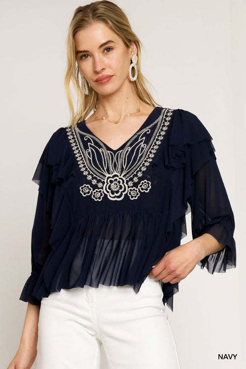 Embroidered Ruffle Sleeve Blouse