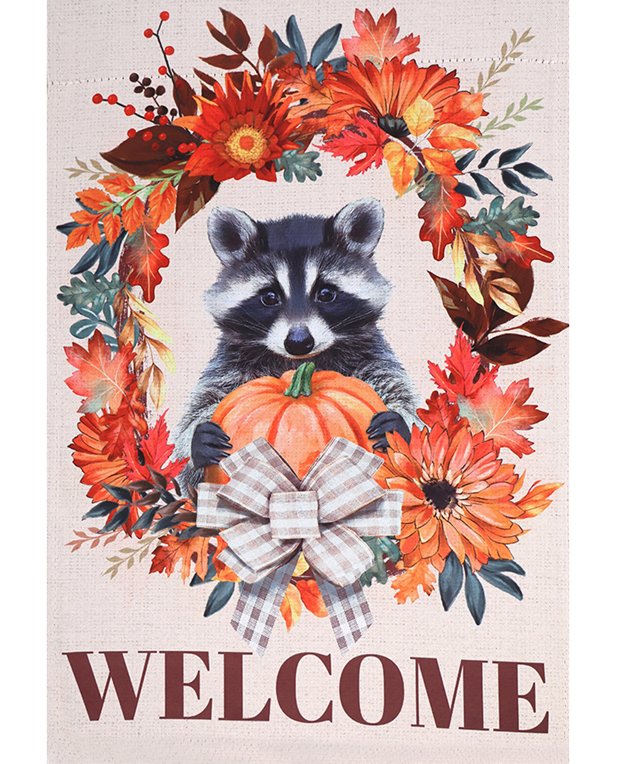 Welcome Wreath Raccoon Suede Garden Flag