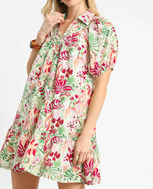Tropical Floral Print Collar Neck Mini Dress