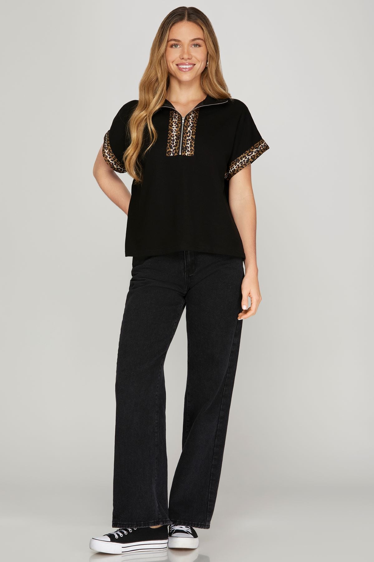 She and Sky Half Zip Leopard Print Top