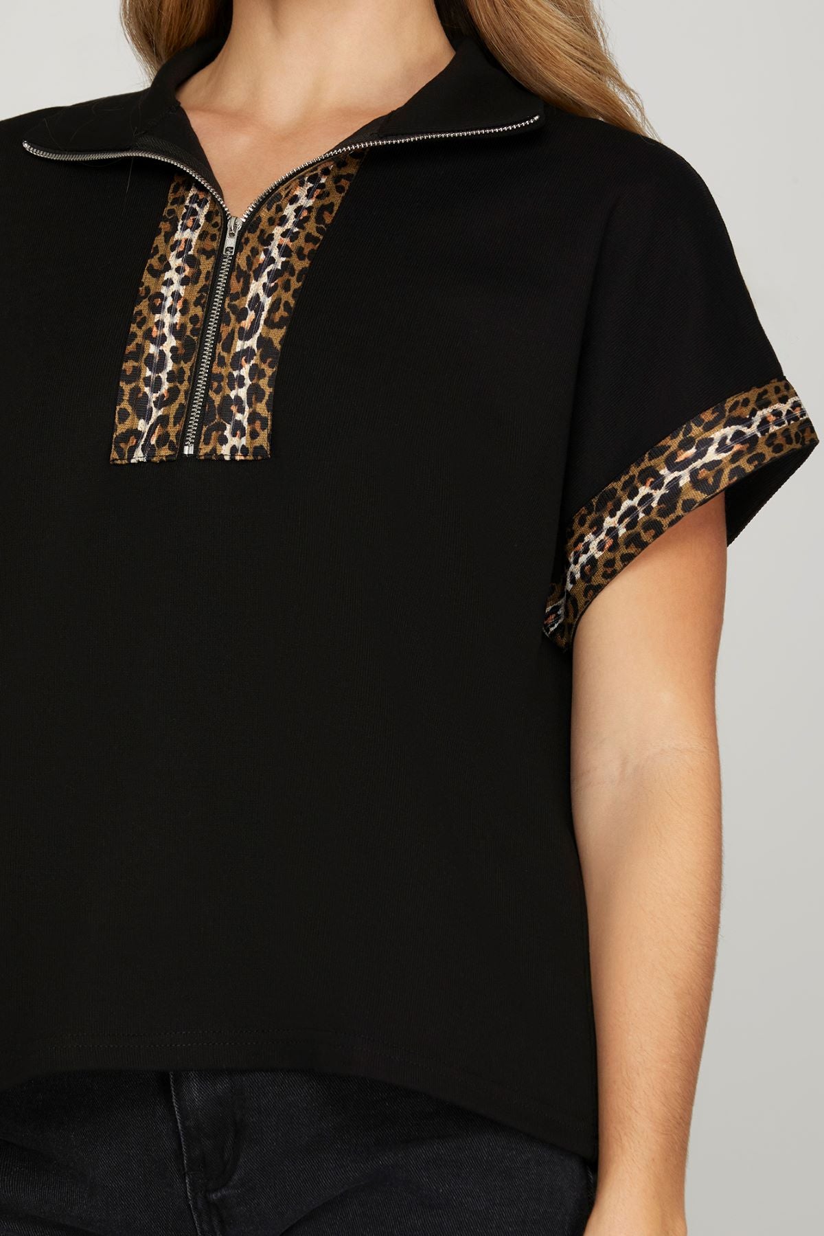 She and Sky Half Zip Leopard Print Top
