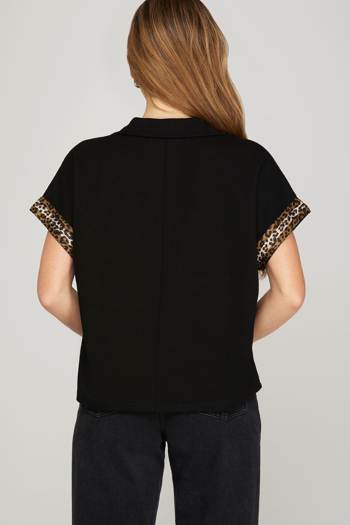 She and Sky Half Zip Leopard Print Top