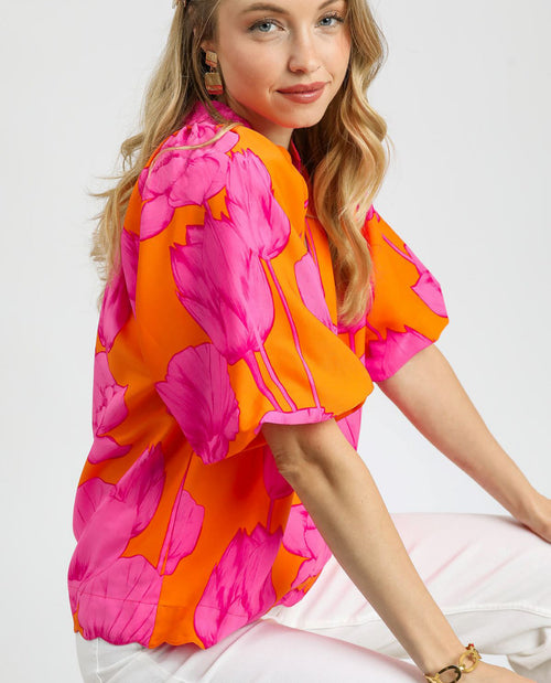 Floral Print Bubble Sleeve Top