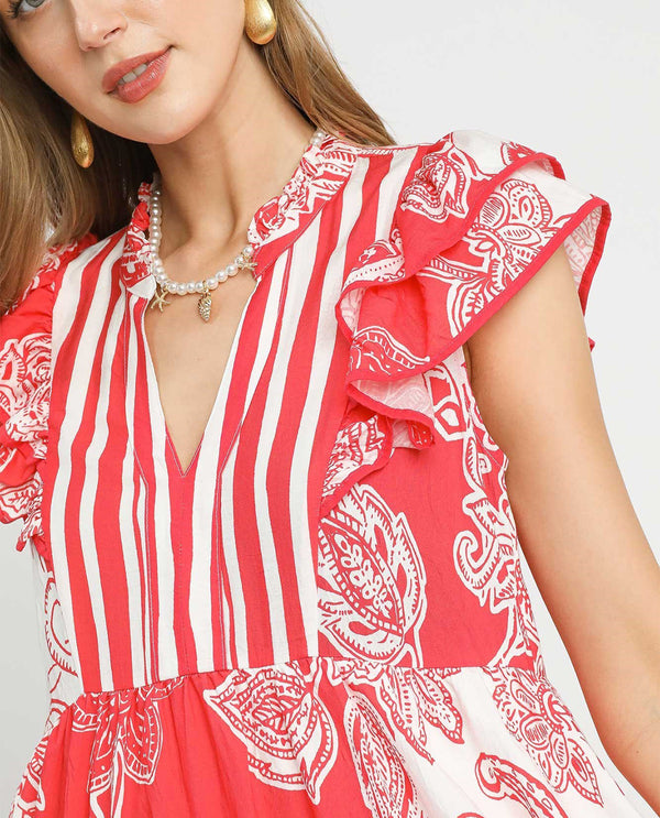 Missy Abstract Floral Print Midi Dress with Ruffle Sleeves