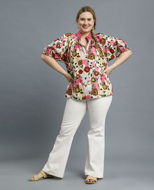 Plus V-Neck Floral Contrast Top