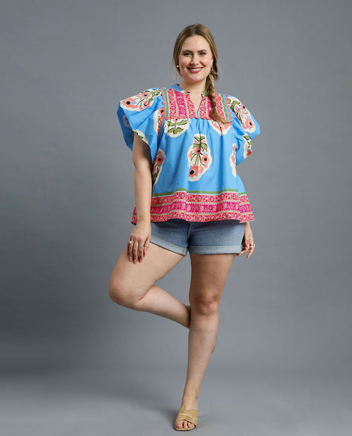 Plus Floral Abstract Slit Neck Top