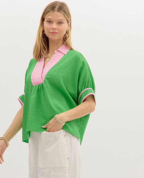 Entro Solid Top with Contrast Trim V Neck