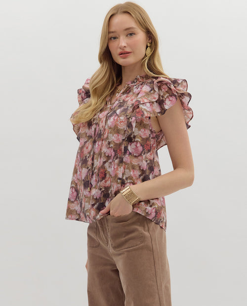 Entro Ruffle Sleeve Print Top