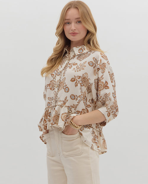 Print Top with 3/4 sleeves and Ruffle Trim