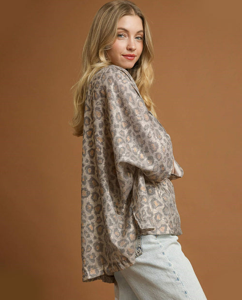 Metallic Animal Print Top with Dolman Sleeves and V-Neckline