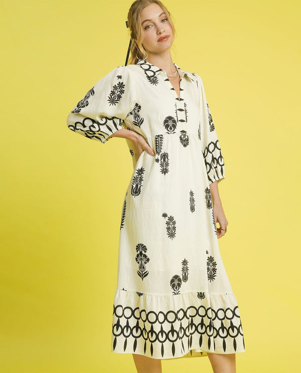 Boho Border Print Tiered Dress with Puff Sleeves
