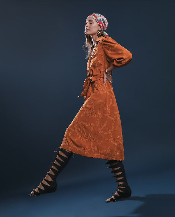 Textured Jacquard Midi Dress with Tie Waist and 3/4 Sleeves