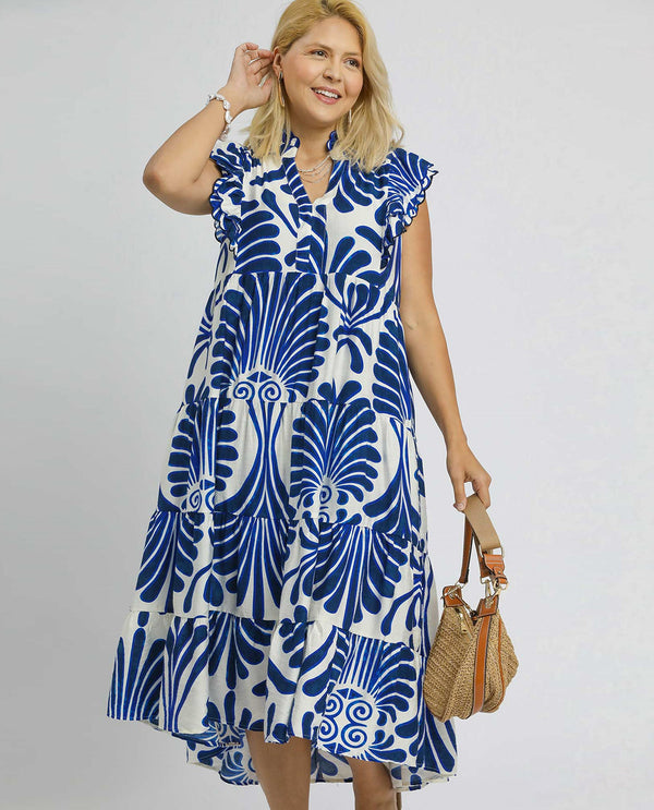 Umgee Plus Blue and White Design Tiered Maxi Dress