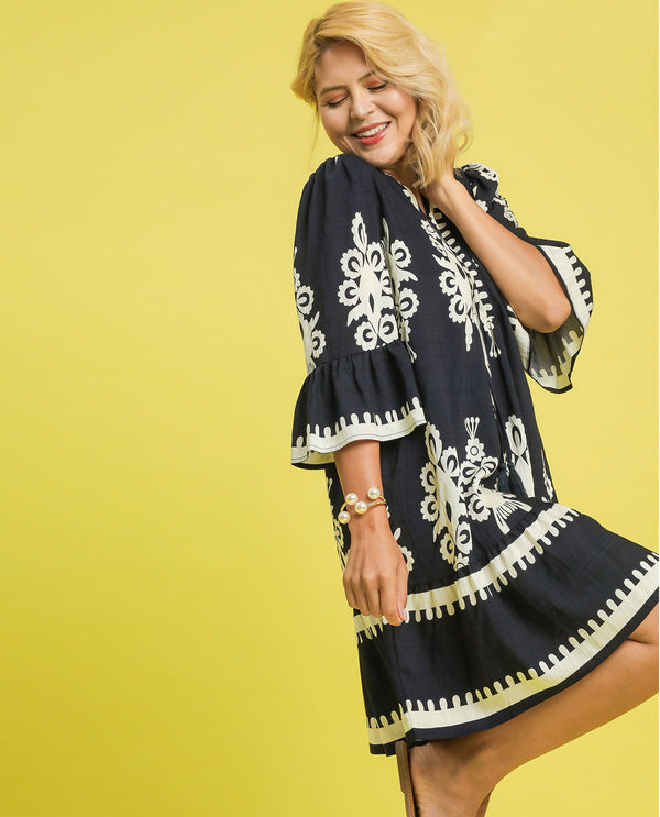 Umgee Plus 2tone Border Print Dress Plus Size