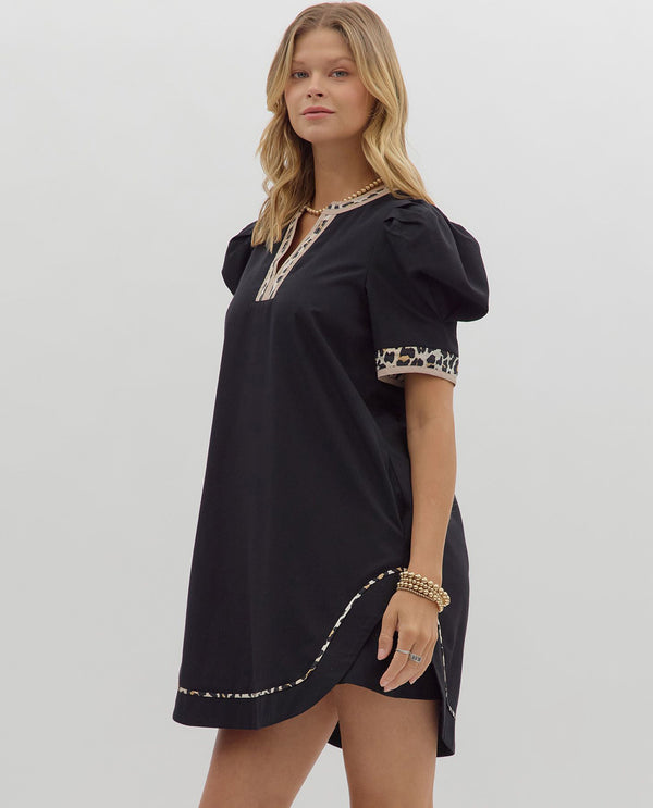 Leopard Print Trim Black Mini Dress