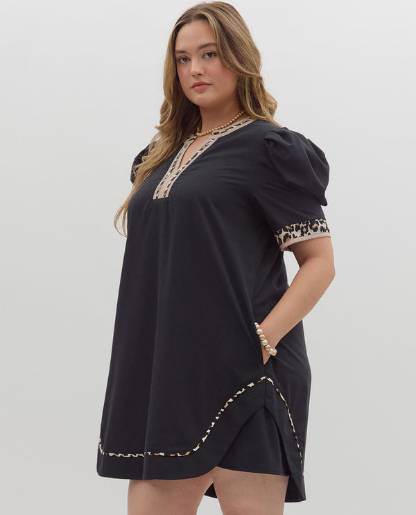 Plus Leopard Trim Black Mini Dress