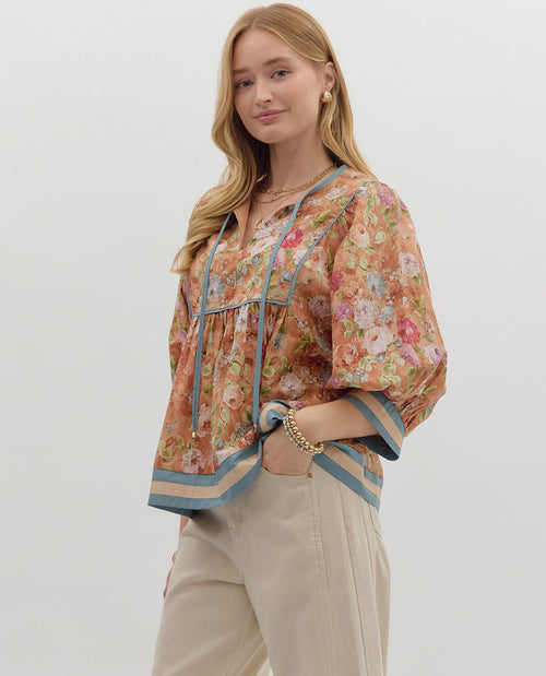 Abstract Boho Top with Striped Trim