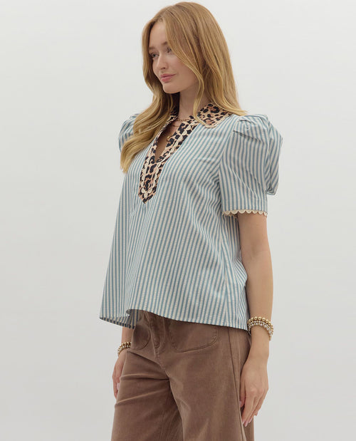 Striped Top with Animal Print Trim Collar