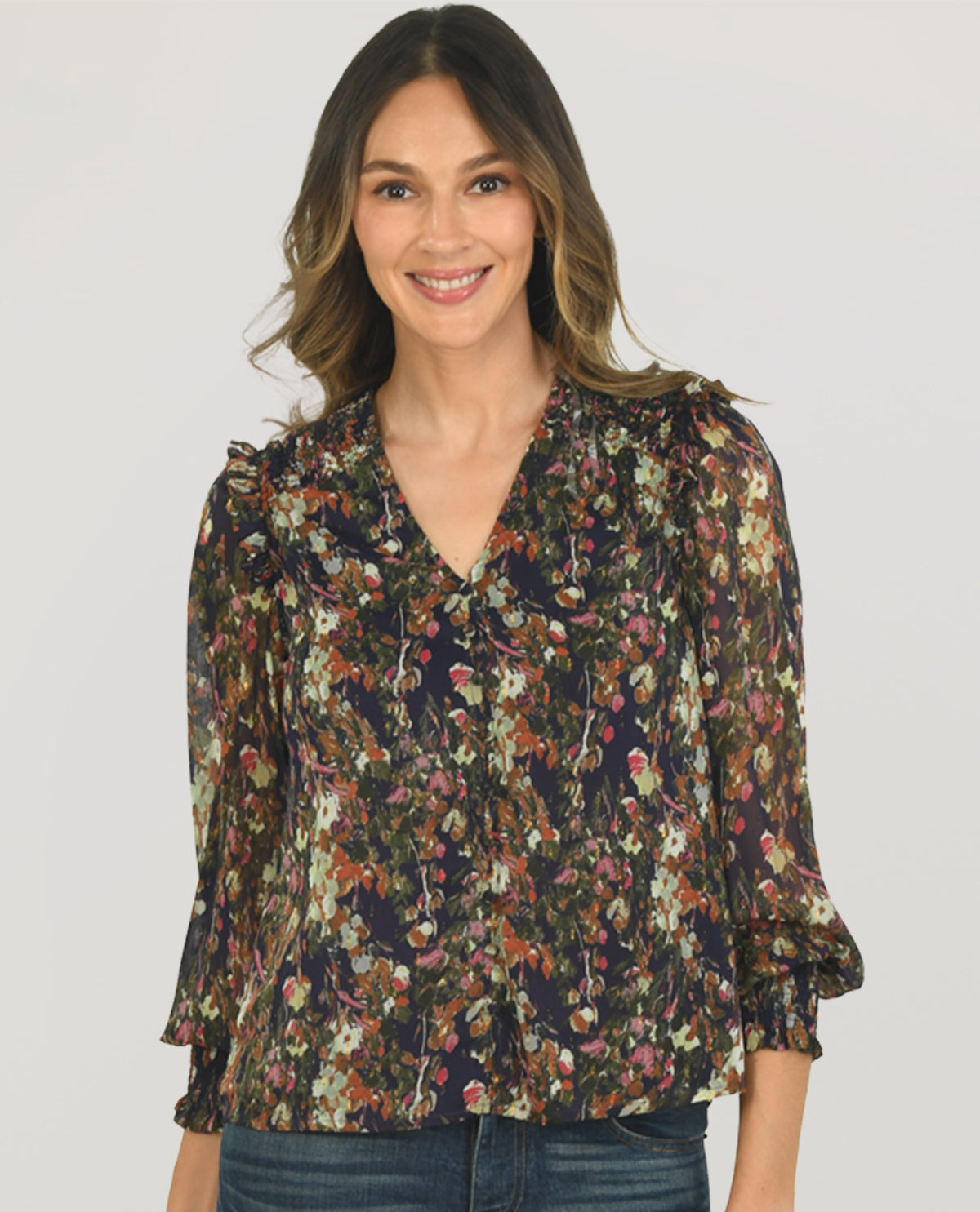 Zac & Rachel Wild Floral Chiffon Ruffle Shoulder Top