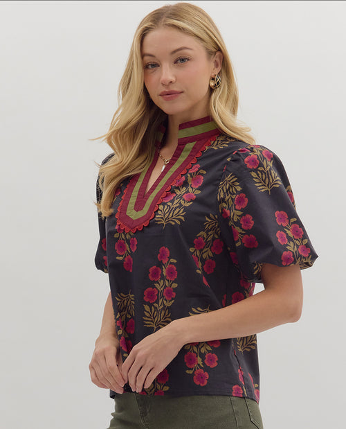 Split Neck Floral Print Top