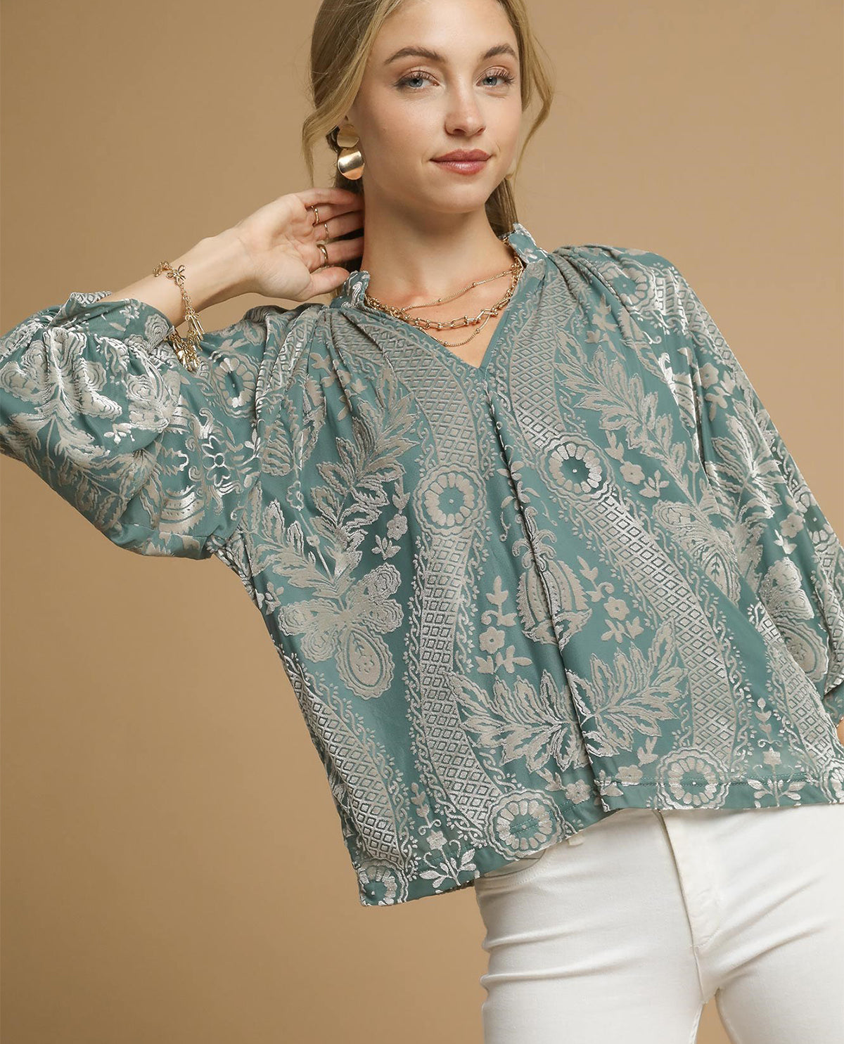 Umgee Velvet Split neck Top