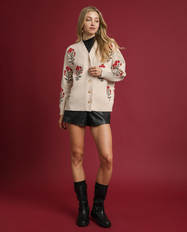 Umgee Floral Cardigan Sweater Ecru