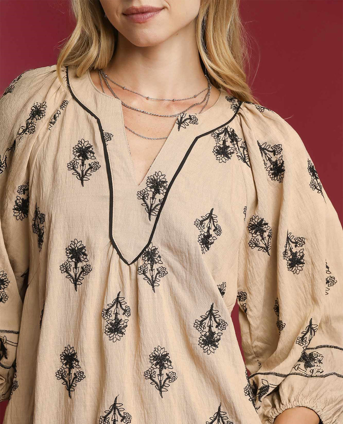 Umgee Embroidered Top with Contrast Piping Latte