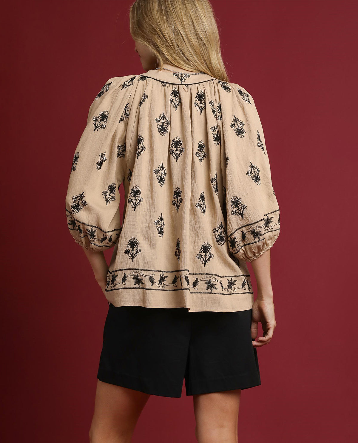 Umgee Embroidered Top with Contrast Piping Latte