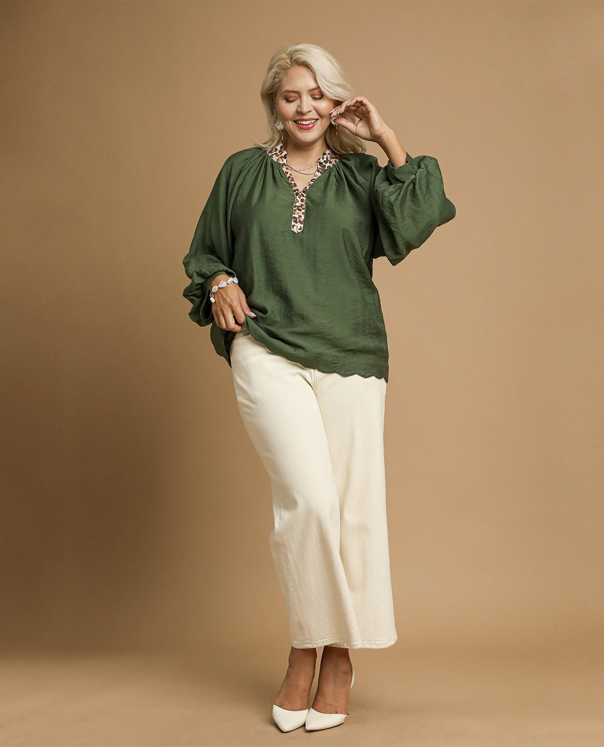 Umgee Plus Velvet Henley with Animal Placket